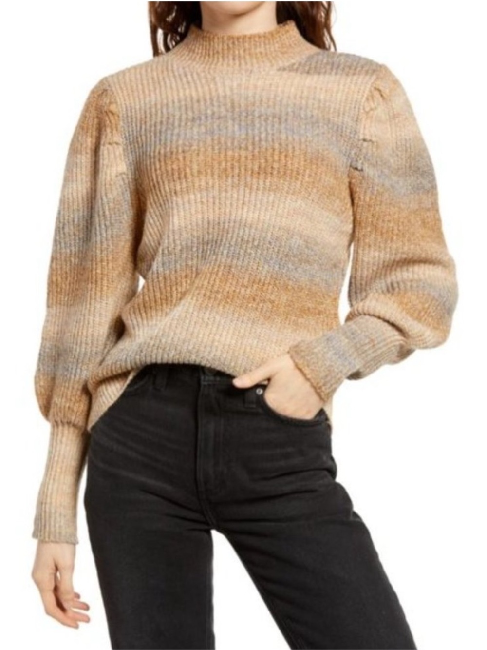 Leith Ombre Ribbed Turtleneck Sweater in Tan, Cream & Gray